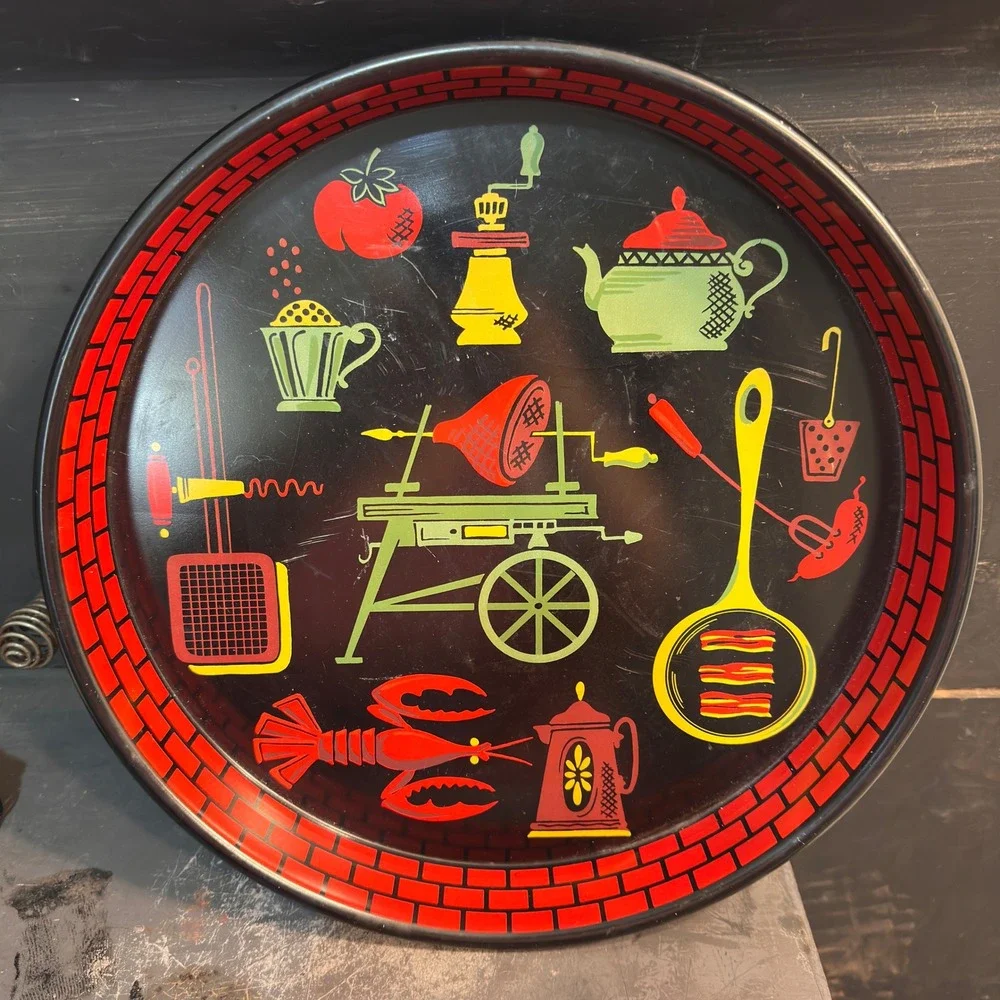 Vintage Tin Litho Tray MCM 1950s BBQ Cookout Lobster Kitsch Black Red Metal 13in